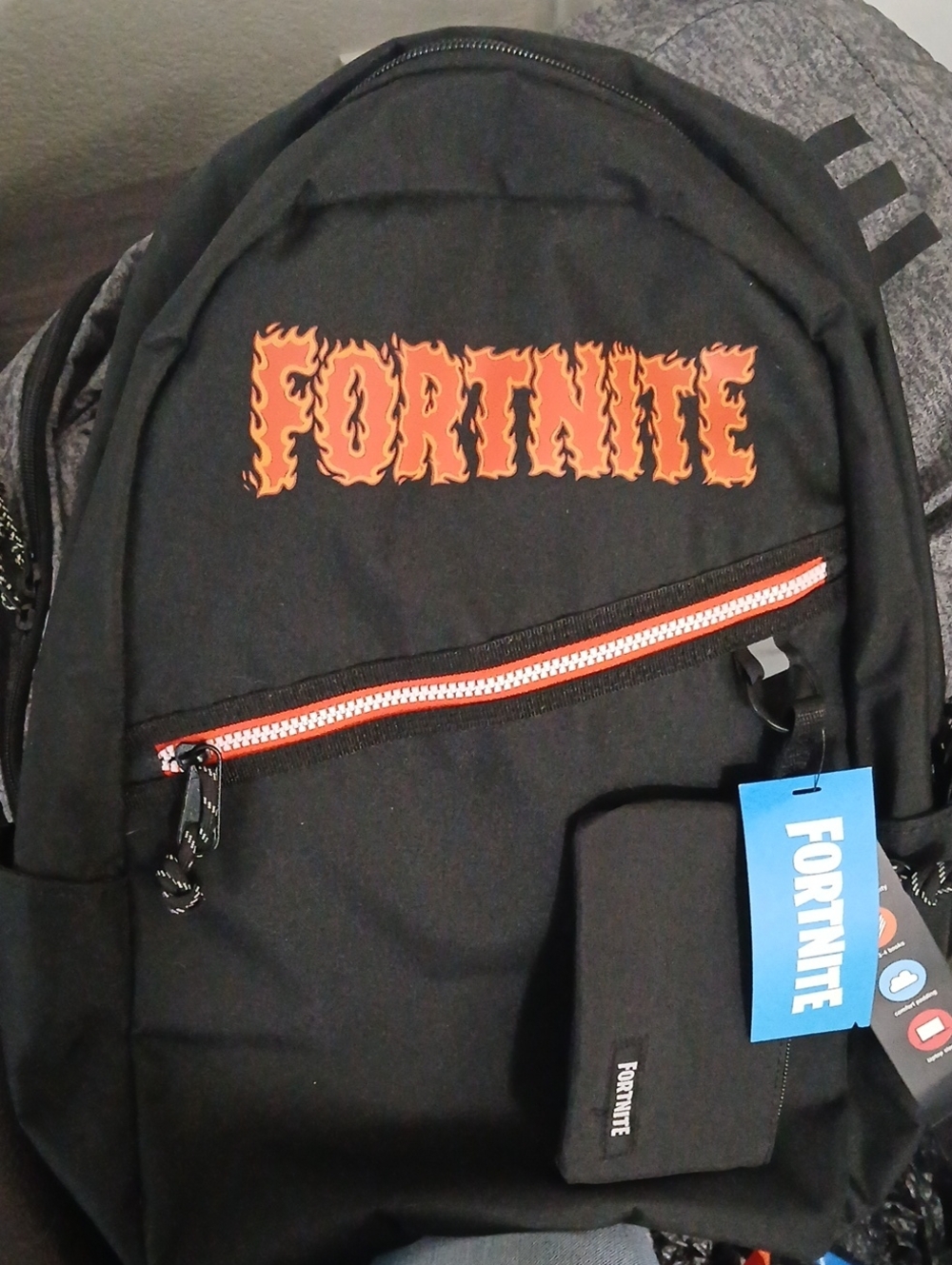 FORTNITE  Black Backpack with Orange Logo with Extra Zipper Small Compact Pouch